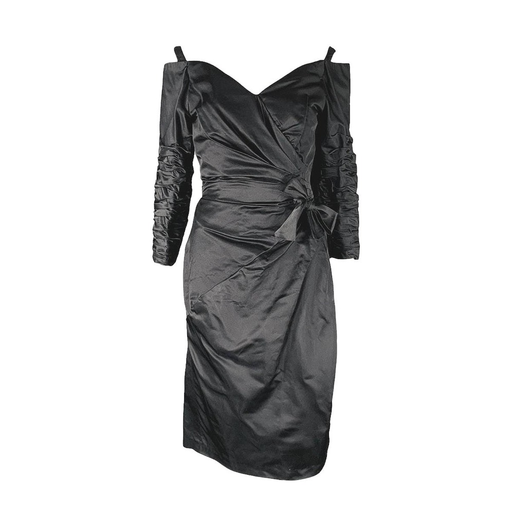 Vintage Victor Costa Black Satin Cocktail Dress Bow Ruched Sleeve Saks 5th Ave 4